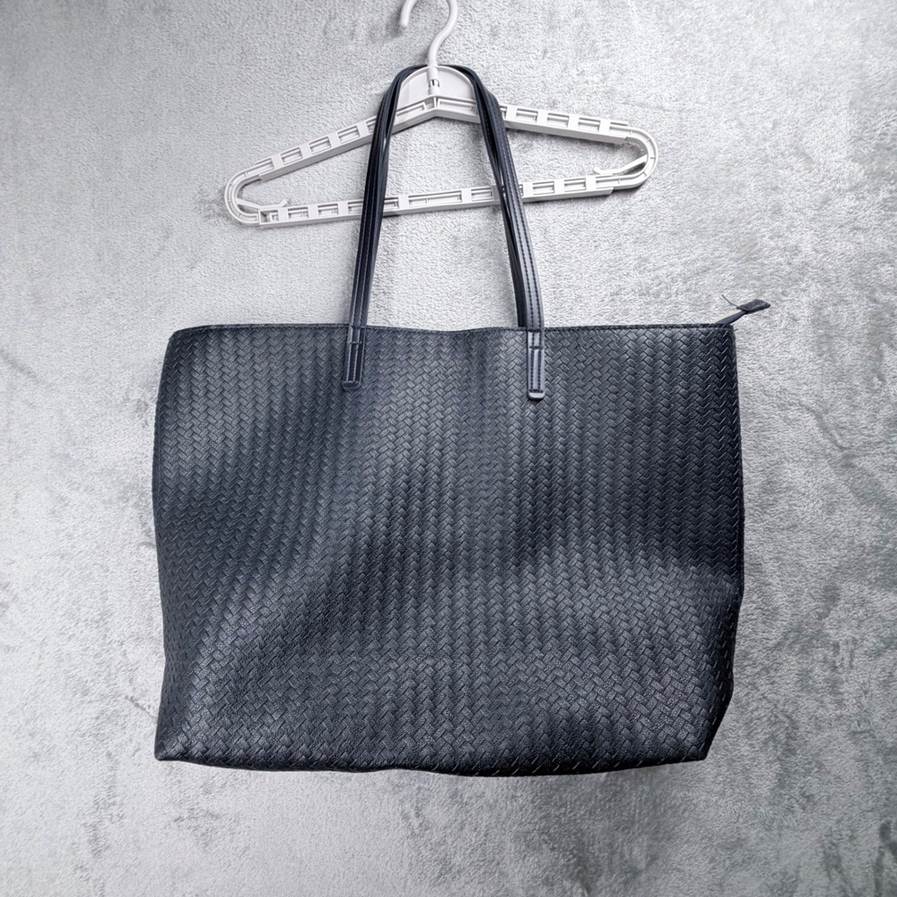 Bath & Body Works Tote Bag Women Large Navy Blue Woven Faux Leather Zip Top Work